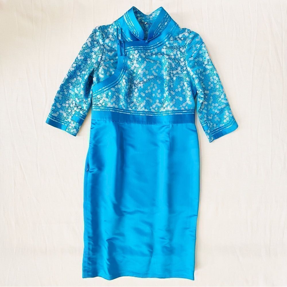 Womens Dress Silk Custom 3/4 Sleeve Floral Dressy Asian Holiday Party Wedding S